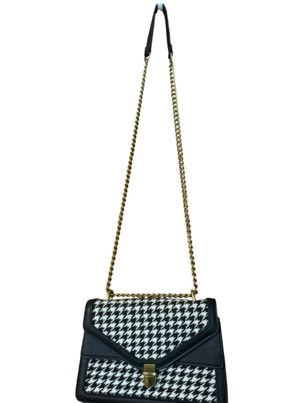 Classic Houndstooth Crossbody Shoulder Bag Adjustable Gold Chain Old Money